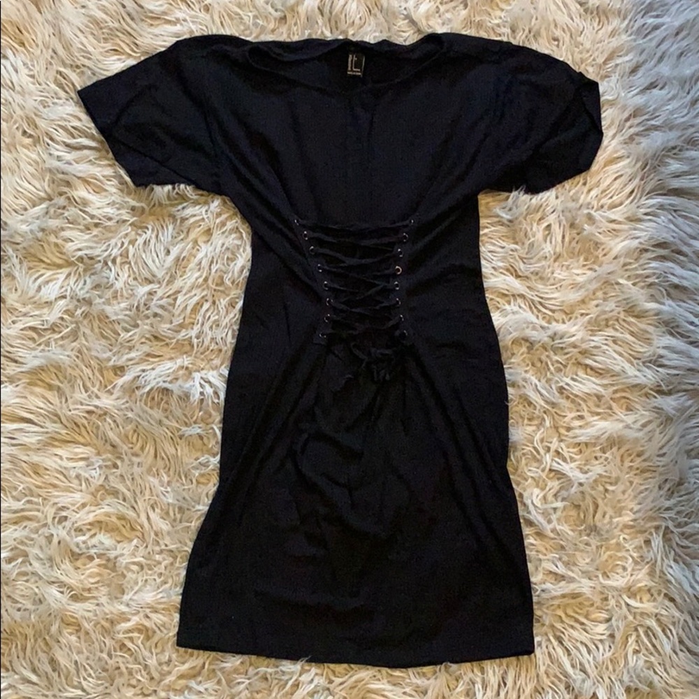 Black lace up detail dress